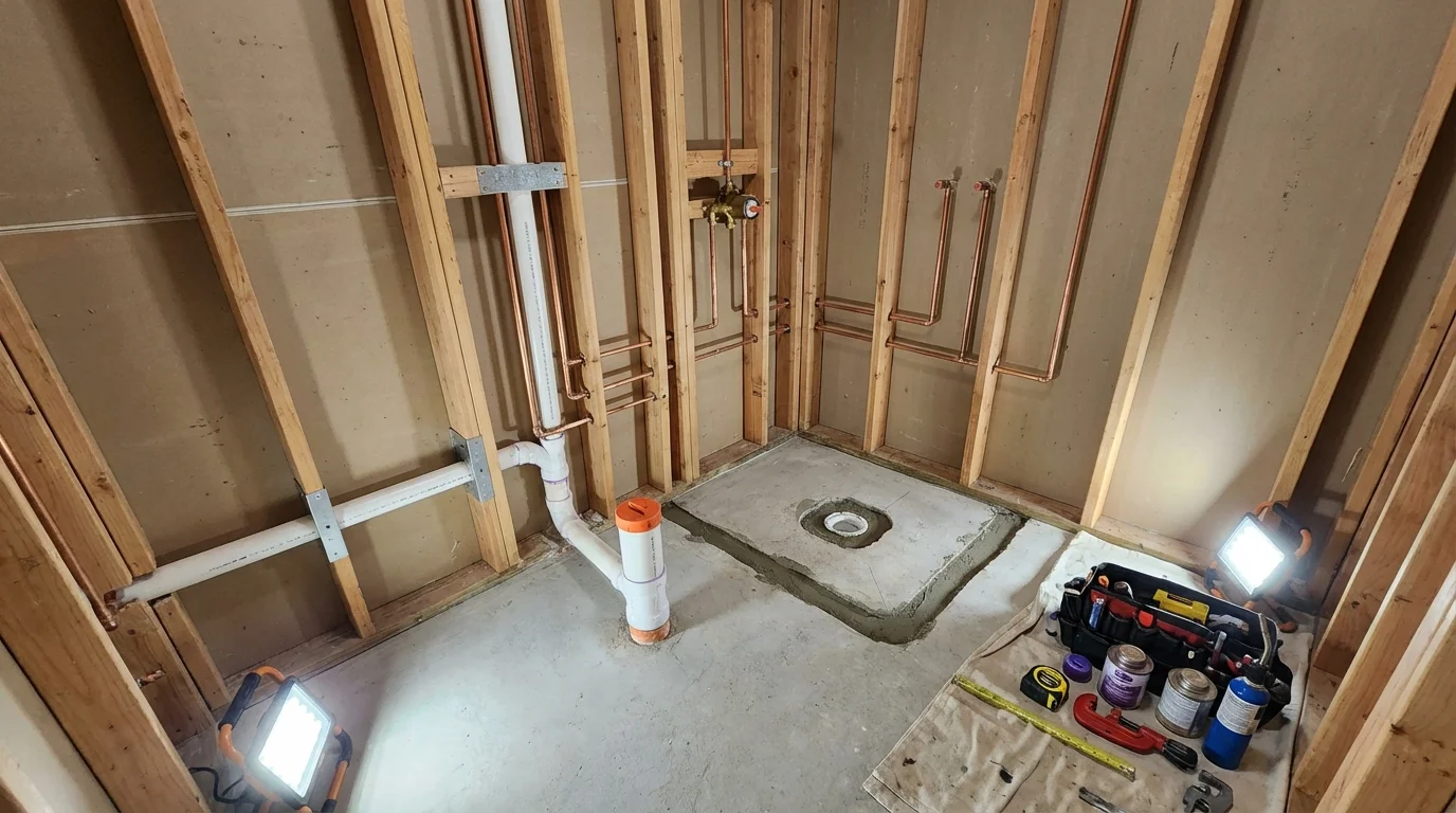 Bathroom rough-in plumbing during remodel by Johns Plumbing LLC in Woodridge