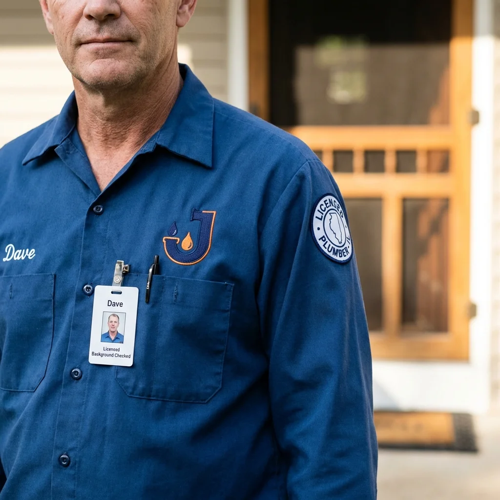 Licensed plumber showing ID badge in Woodridge, IL