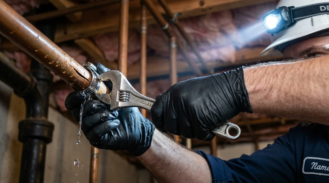 Emergency pipe clamp repair being performed by a Johns Plumbing LLC plumber in Woodridge