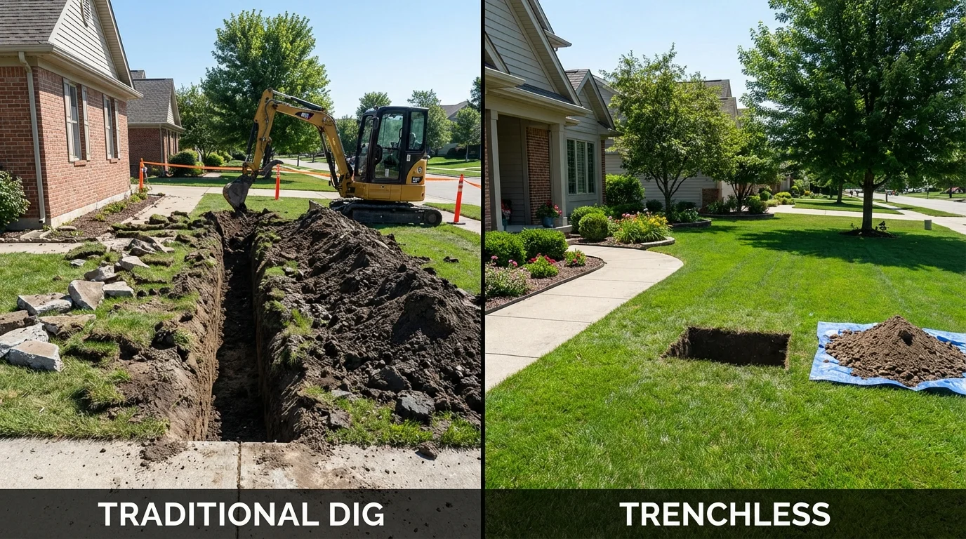 Trenchless sewer repair with minimal yard damage versus traditional excavation in Woodridge, IL