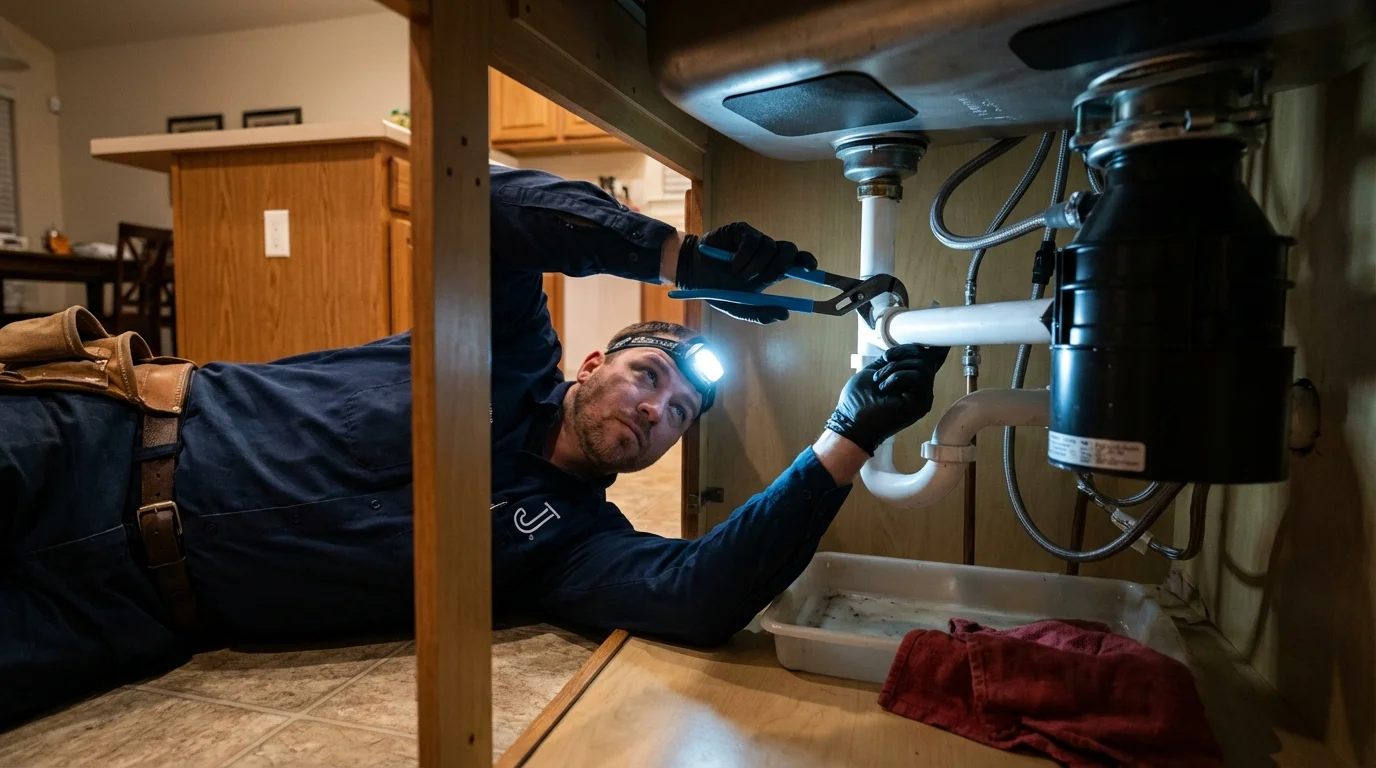 P-trap and supply line connections under a kitchen sink showing a common leak point in Woodridge, IL